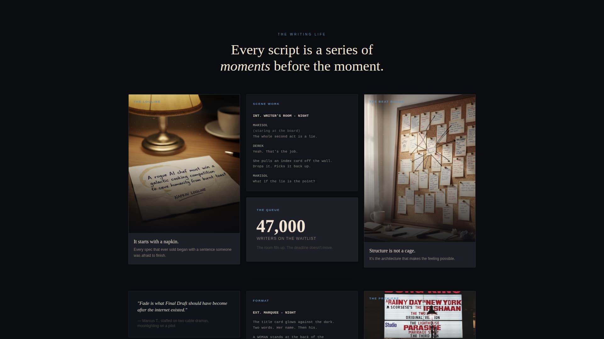 Fade - Cinematic Screenwriter Landing Page Template