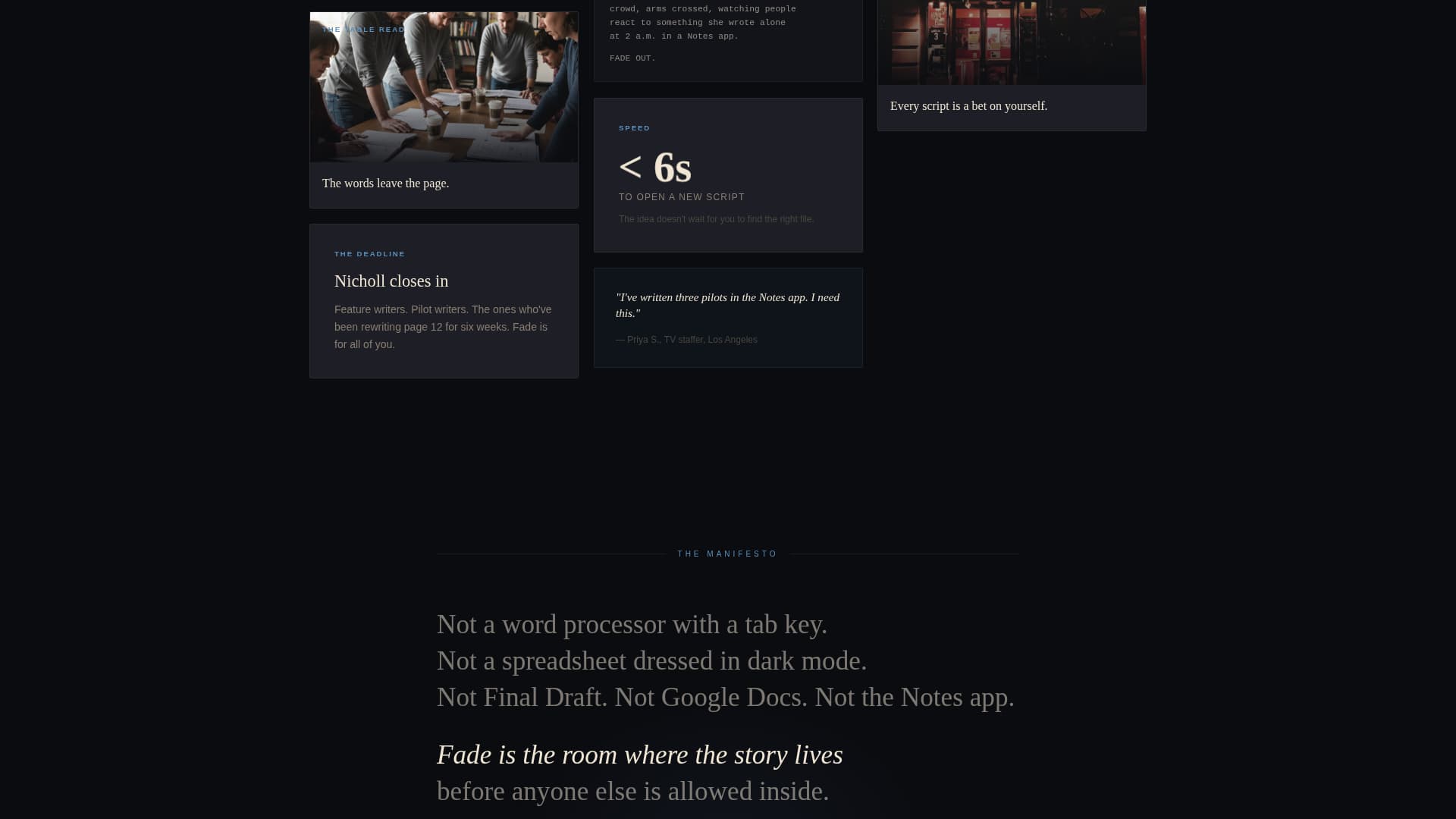 Fade - Cinematic Screenwriter Landing Page Template