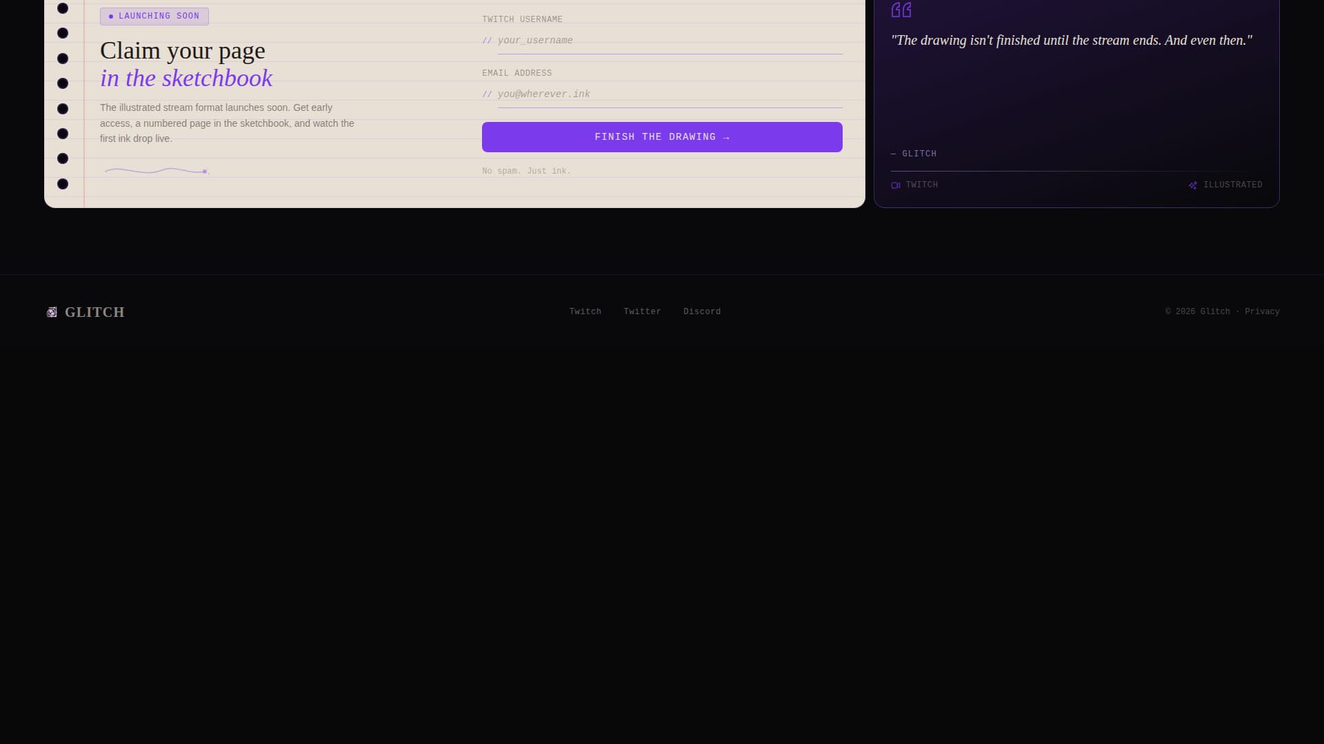 Glitch - Immersive Streamer Landing Page Template
