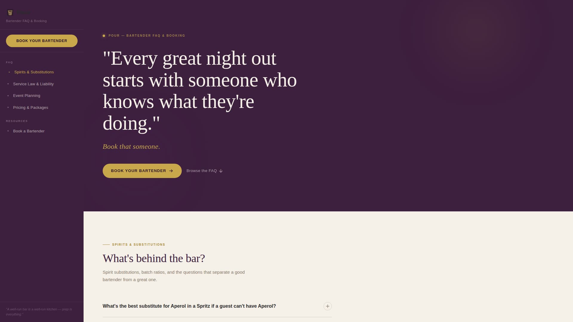 Pour - Authoritative Bartender Landing Page Template