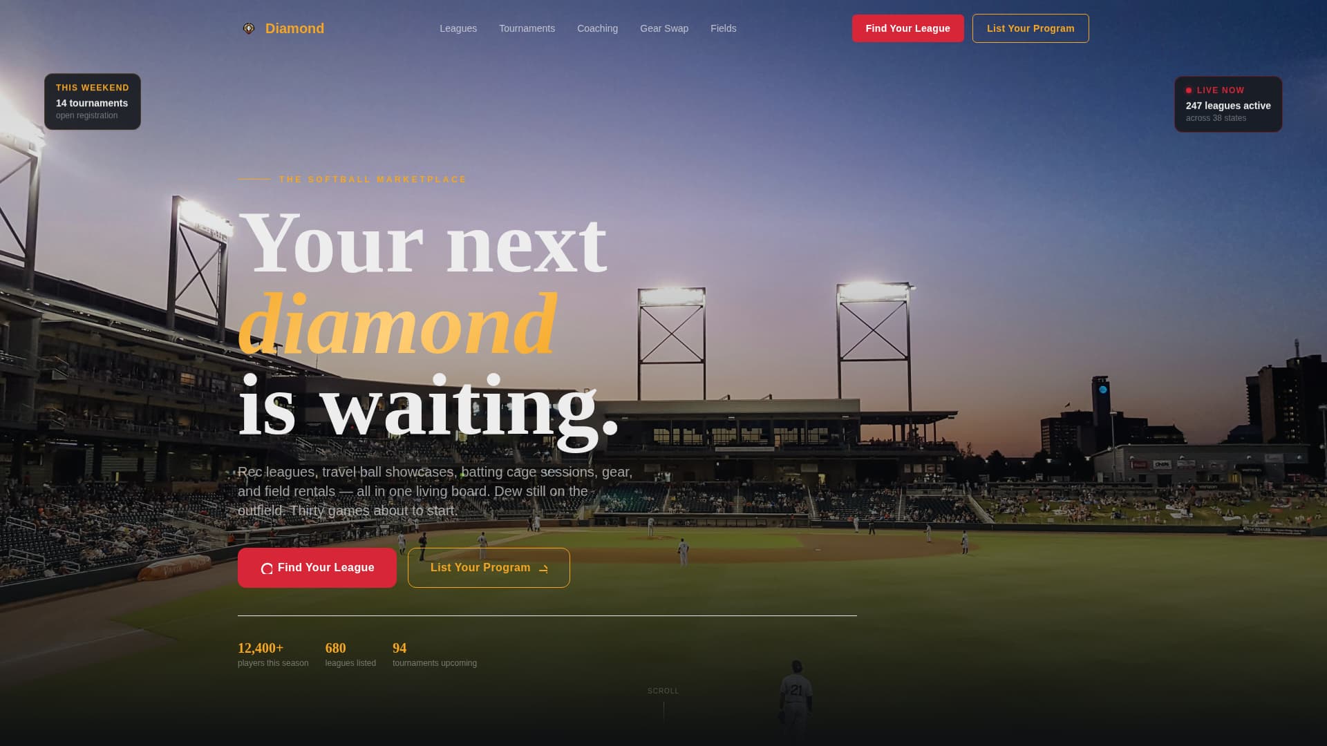 Diamond - Electric Softball Landing Page Template