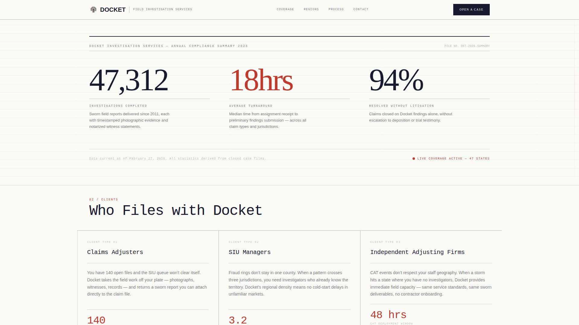 Docket - Authoritative Investigator Landing Page Template