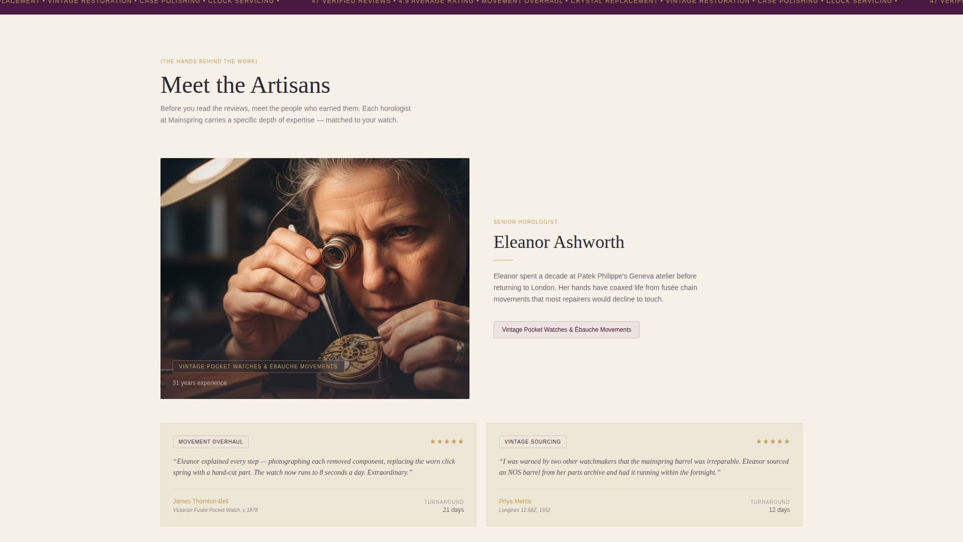 Mainspring - Trusted Watchmaker Landing Page Template