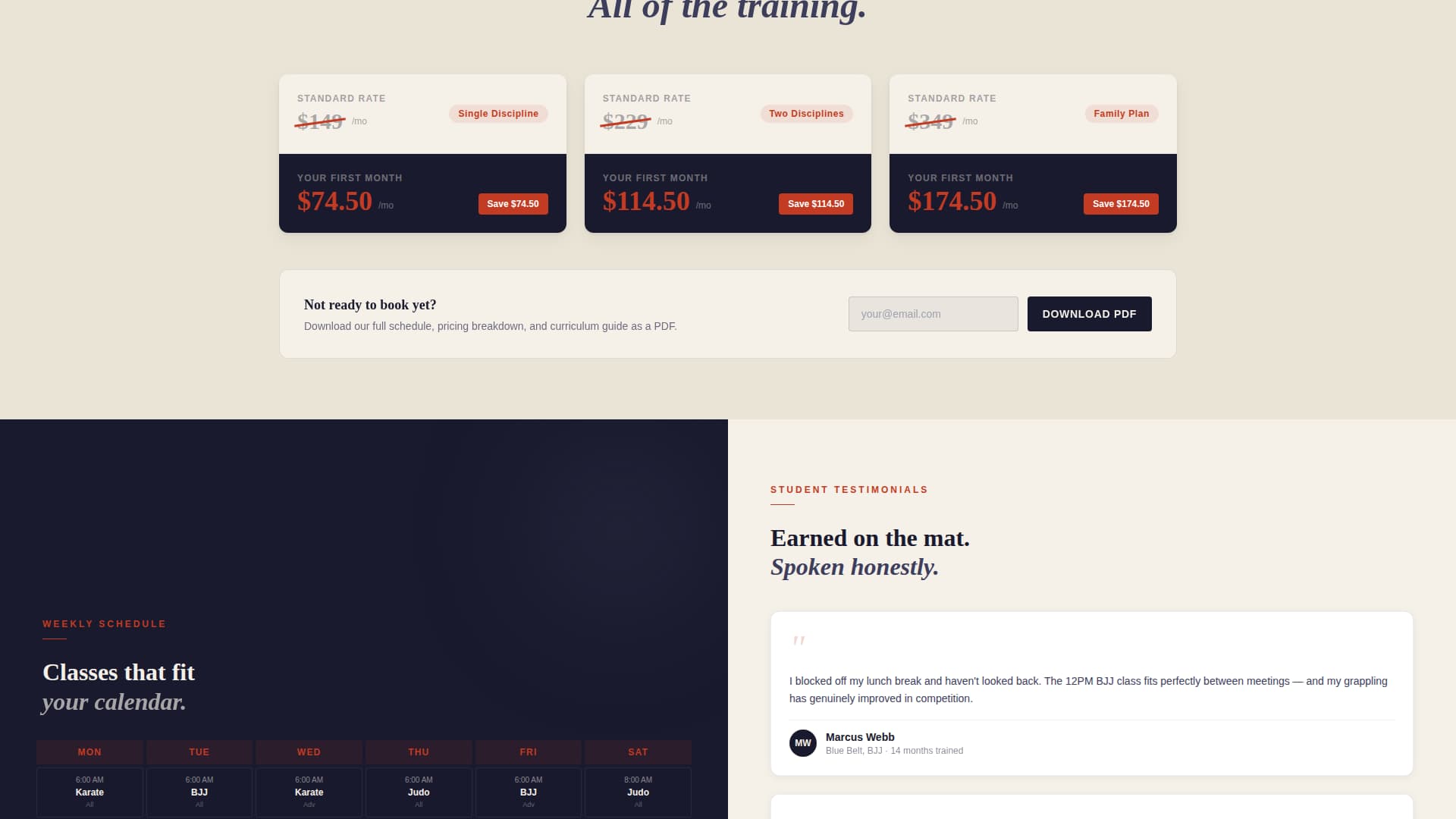 Martial Arts School Marketing Booking Website Template