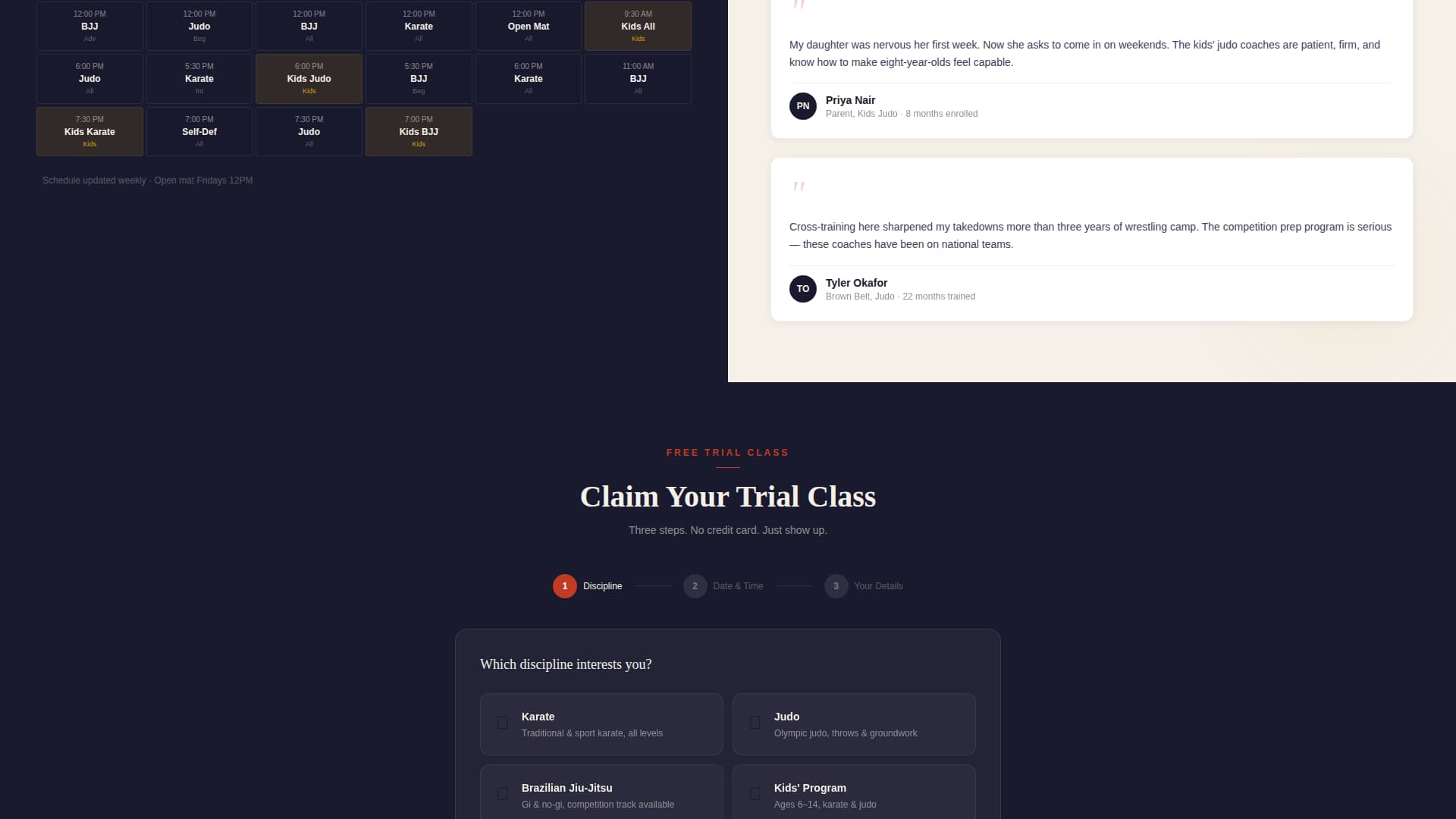 Martial Arts School Marketing Booking Website Template