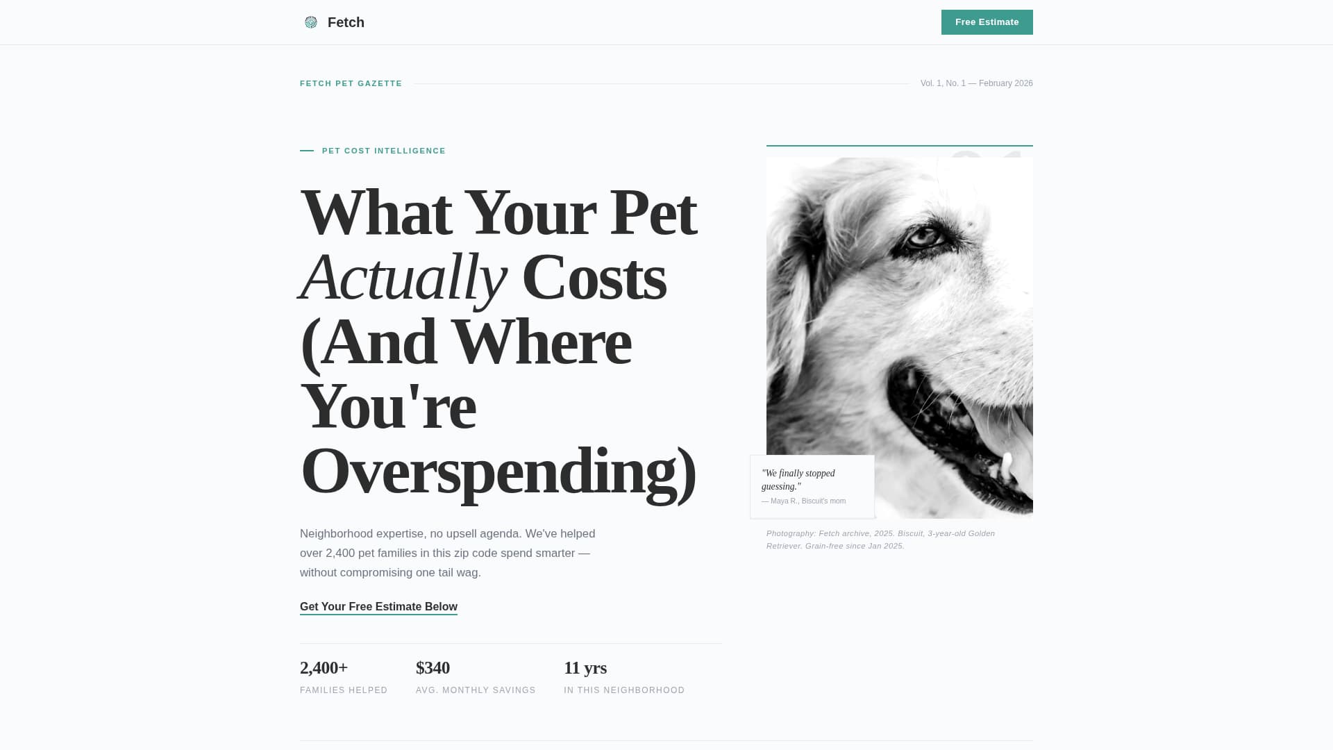 Fetch - Editorial Petstore Landing Page Template