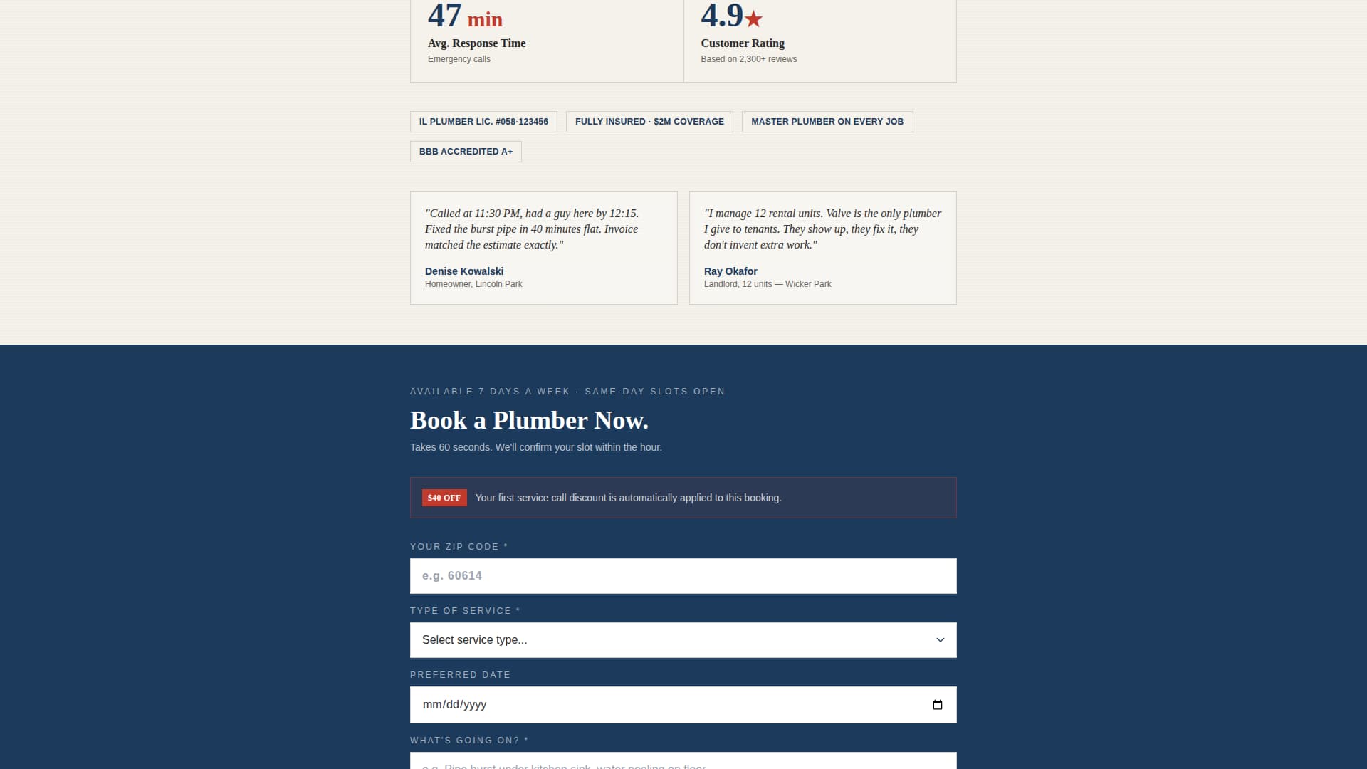 Valve - Trusted Plumber Landing Page Template