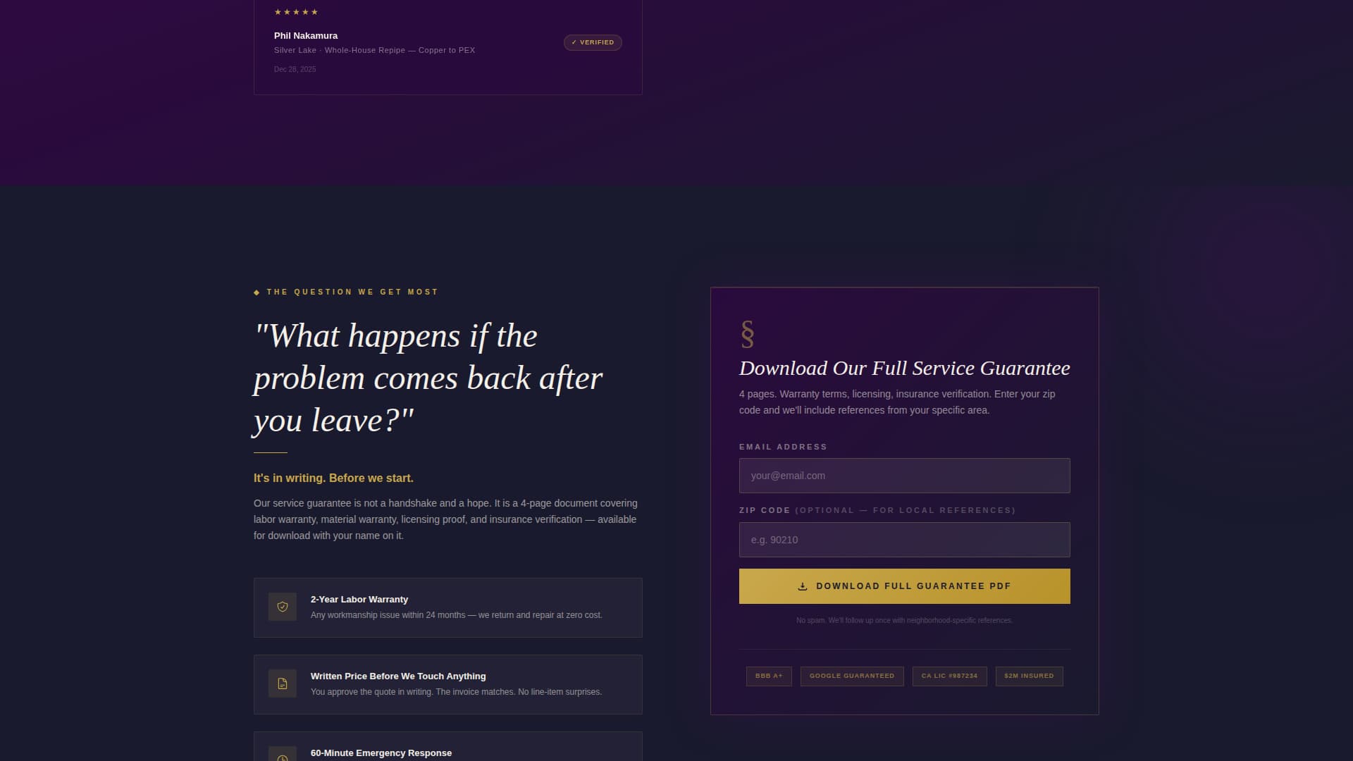 Plumbing Company Testimonials & Reviews Website Template