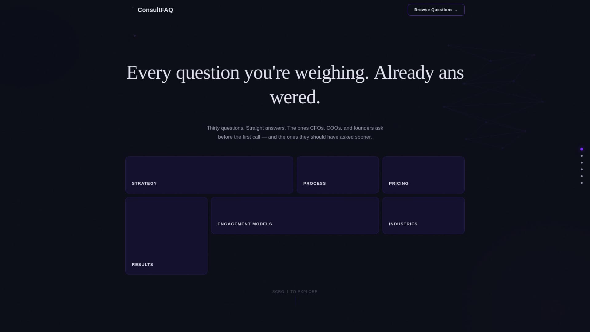 Executive Consulting FAQ & Dark Glass Website Template