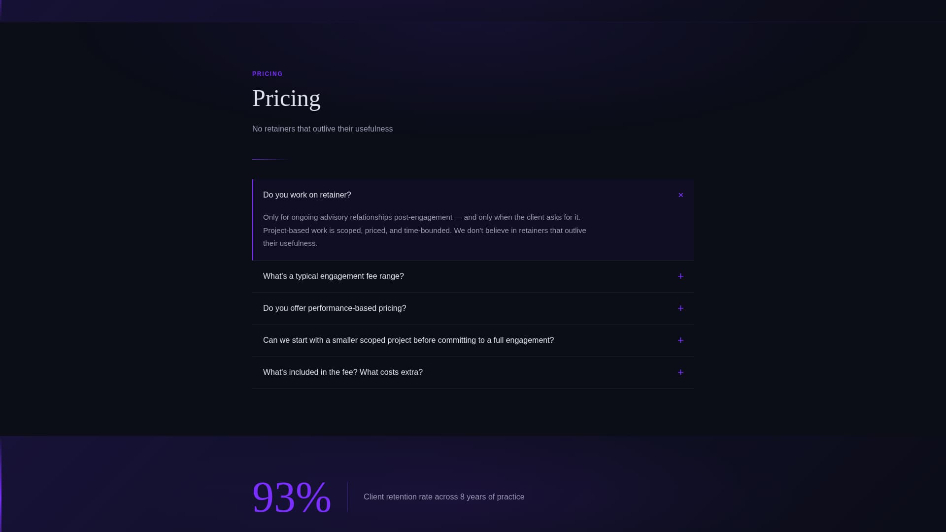Executive Consulting FAQ & Dark Glass Website Template