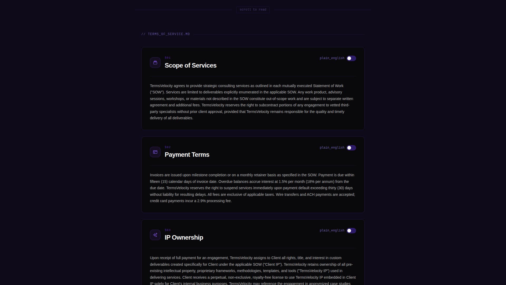 Consulting Firm Terms of Service Scannable Dashboard Website Template
