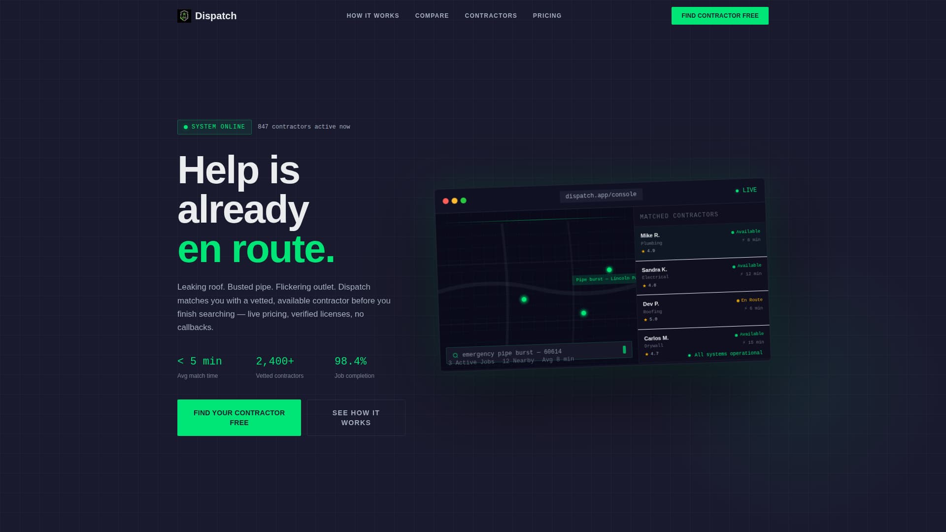 Dispatch - Instant Contractor Finder Landing Page Template