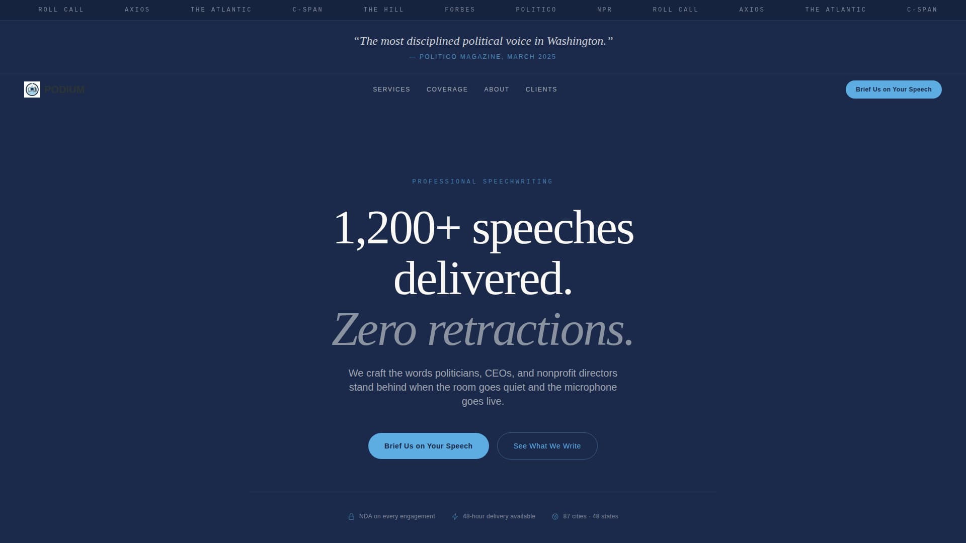 Podium - Authoritative Speechwriter Landing Page Template