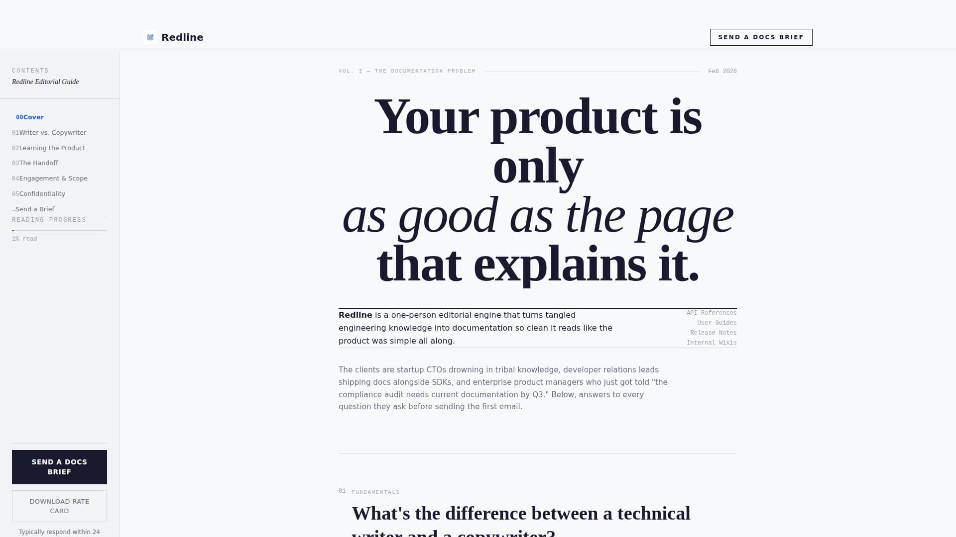 Redline - Authoritative Technicalwriter Landing Page Template