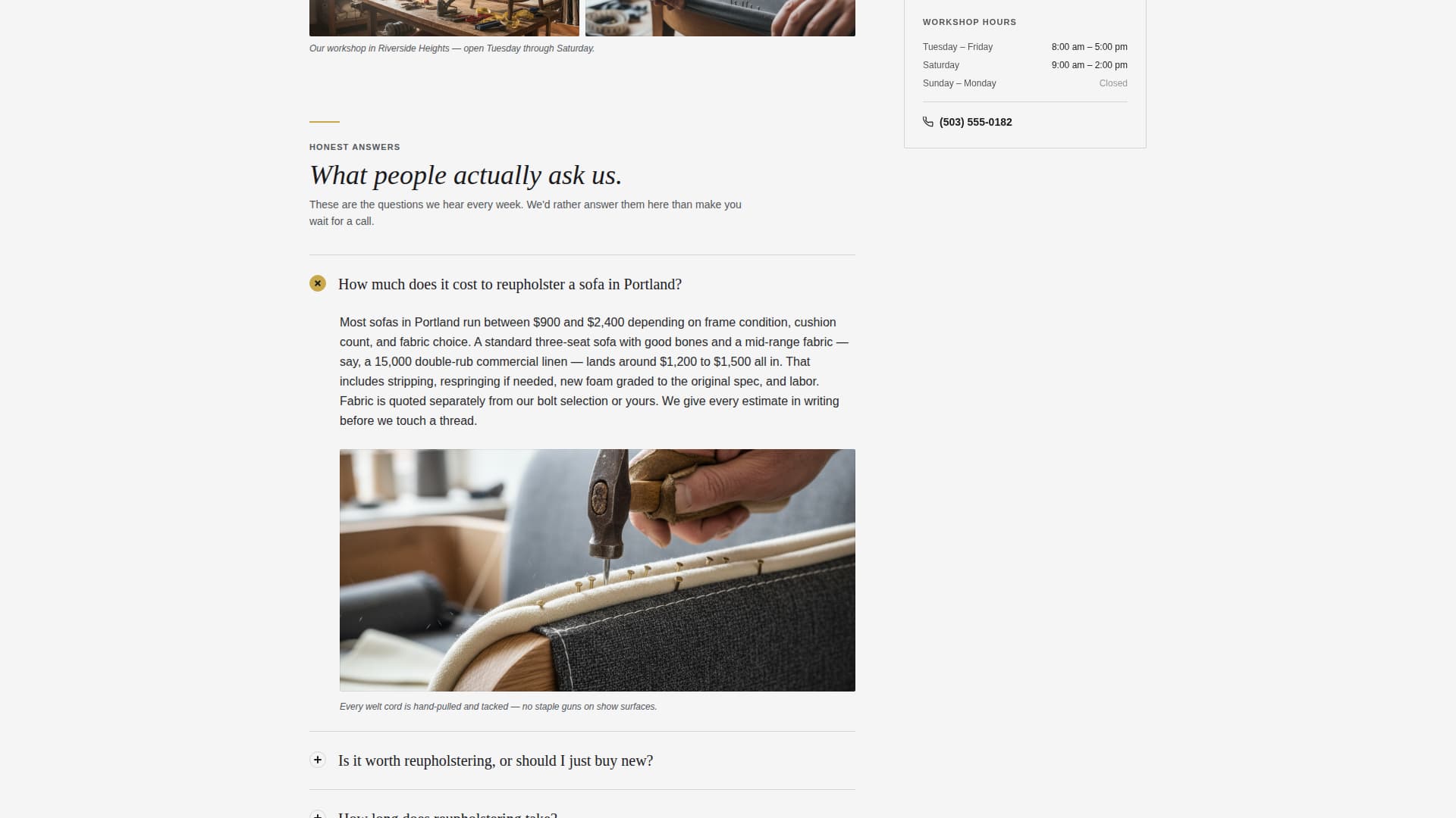 Upholsterer Business FAQ Website Template