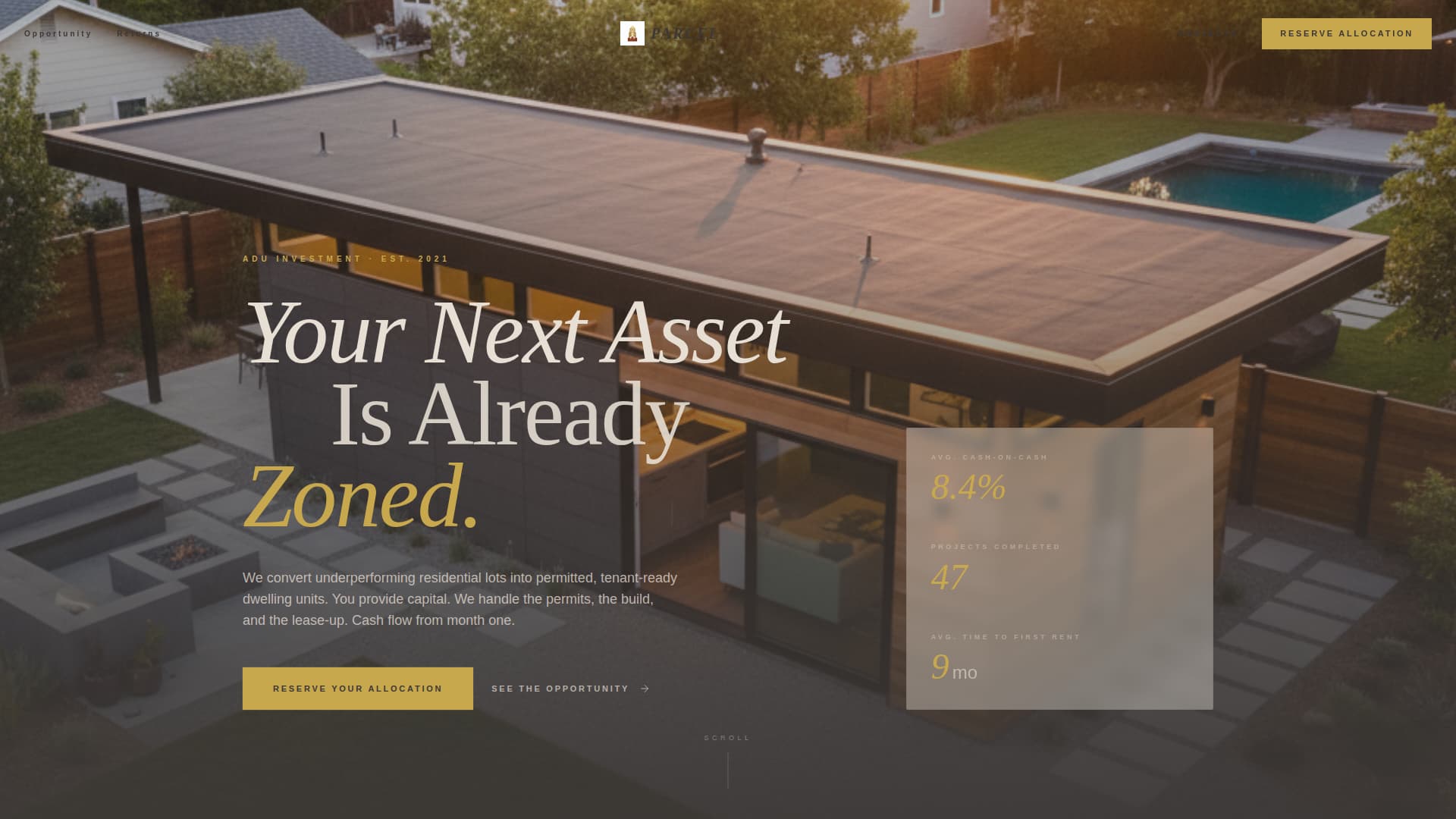 Parcel - Immersive ADU Investment Landing Page Template