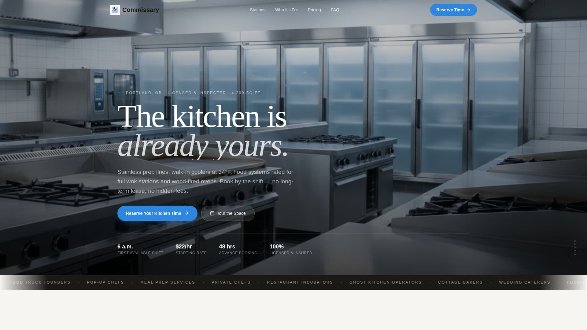 Commissary - Immersive Kitchenrental Landing Page Template