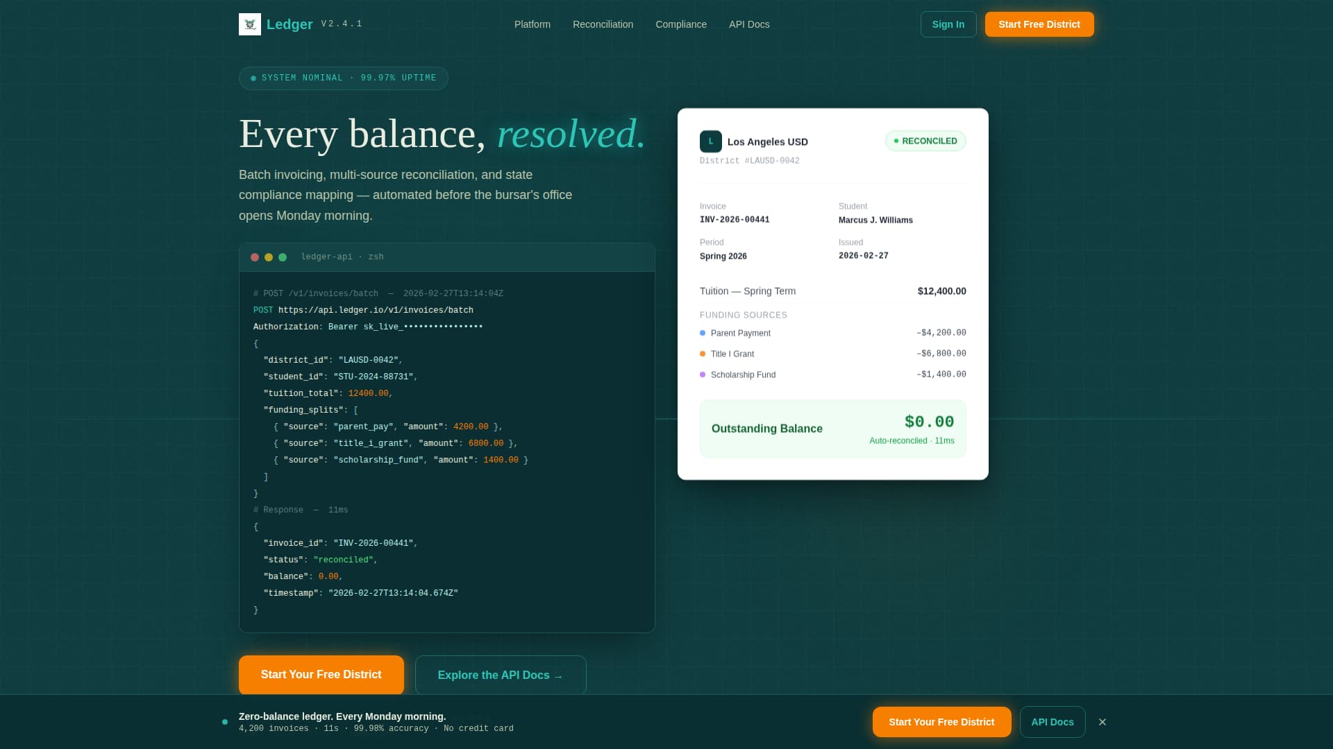 Ledger - Automated Education Billing Landing Page Template