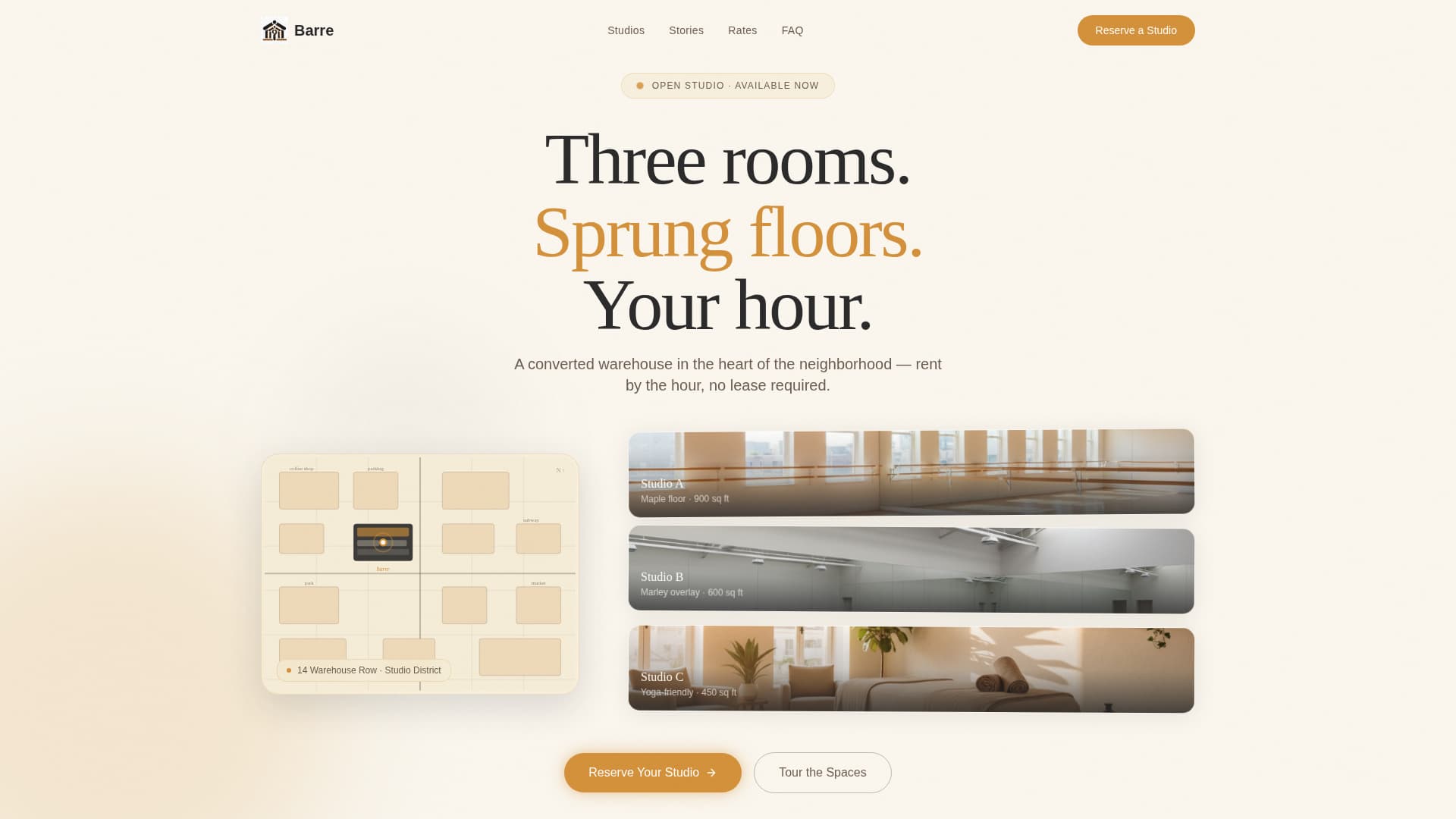 Barre - Immersive Studio Rental Landing Page Template