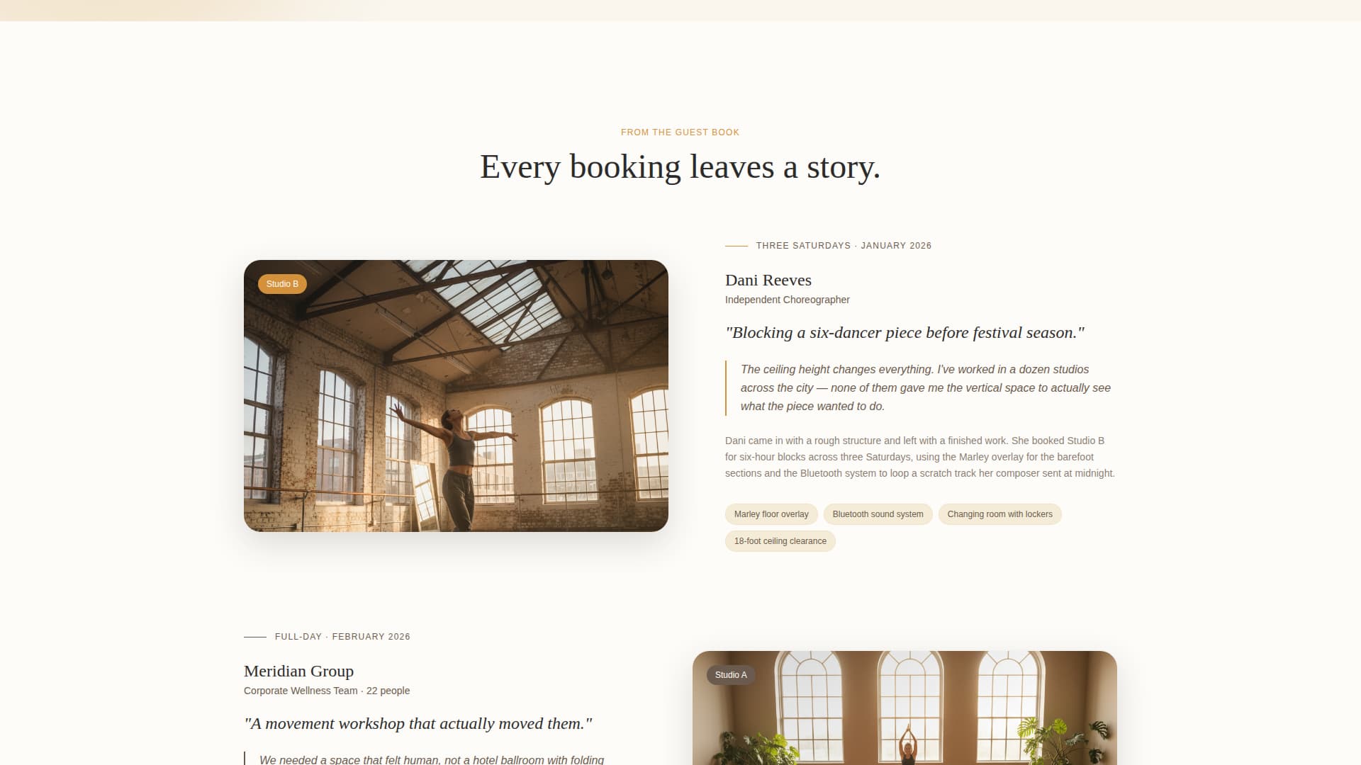 Barre - Immersive Studio Rental Landing Page Template