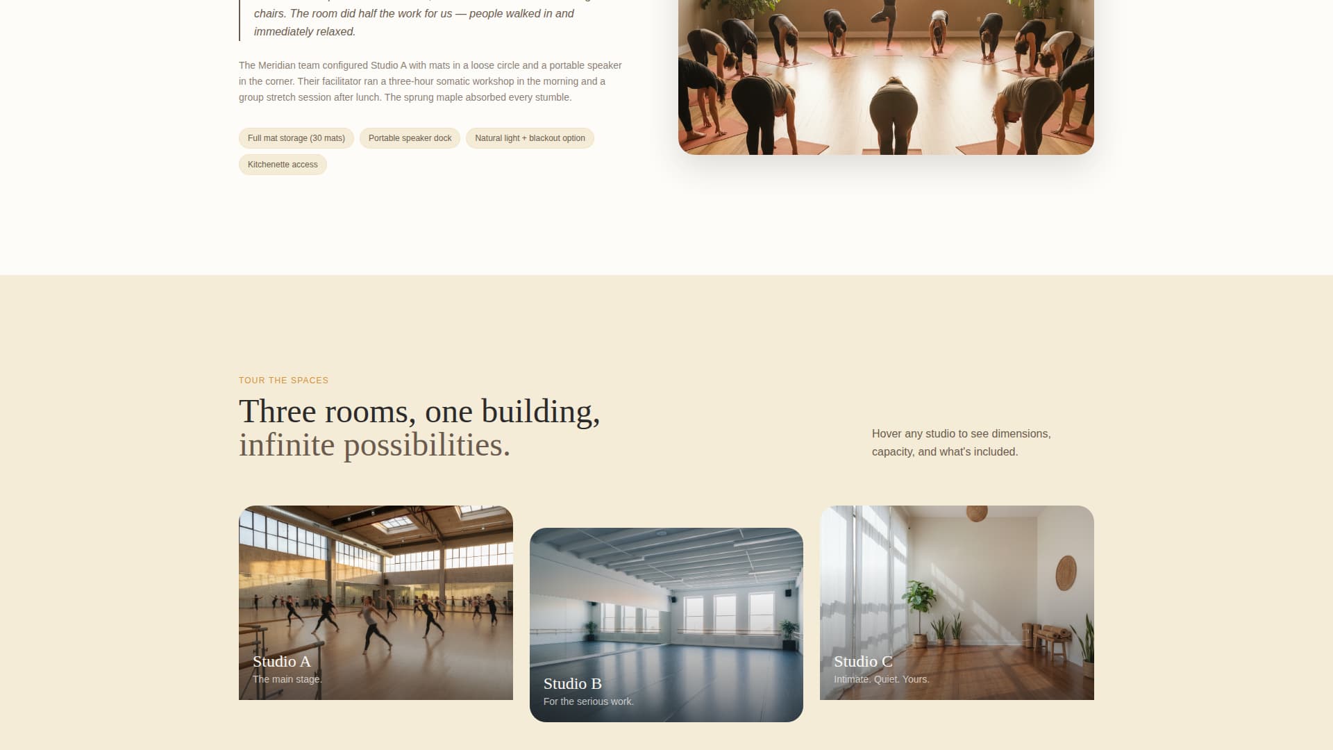 Barre - Immersive Studio Rental Landing Page Template