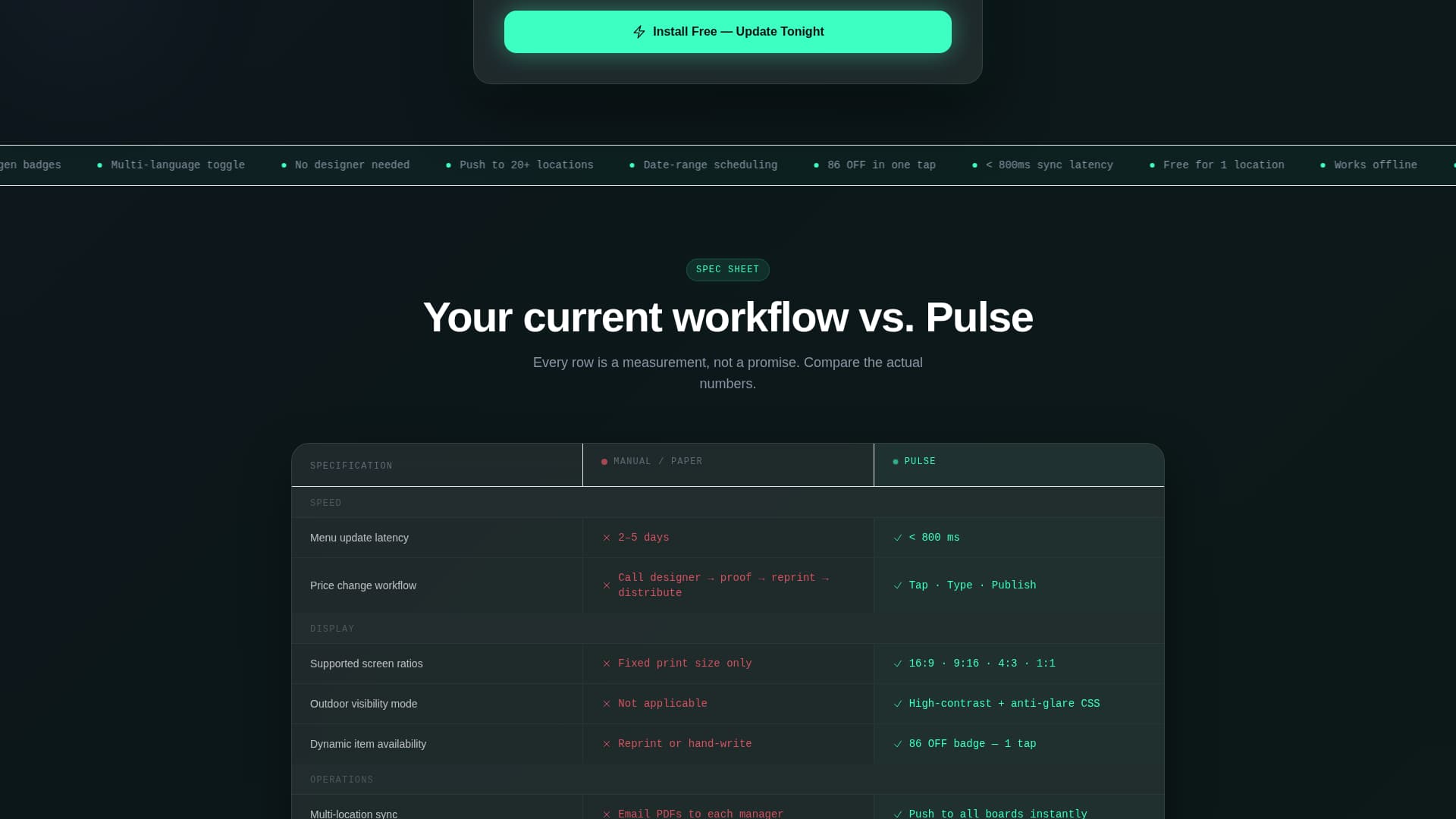 Pulse - Electric Menu Landing Page Template