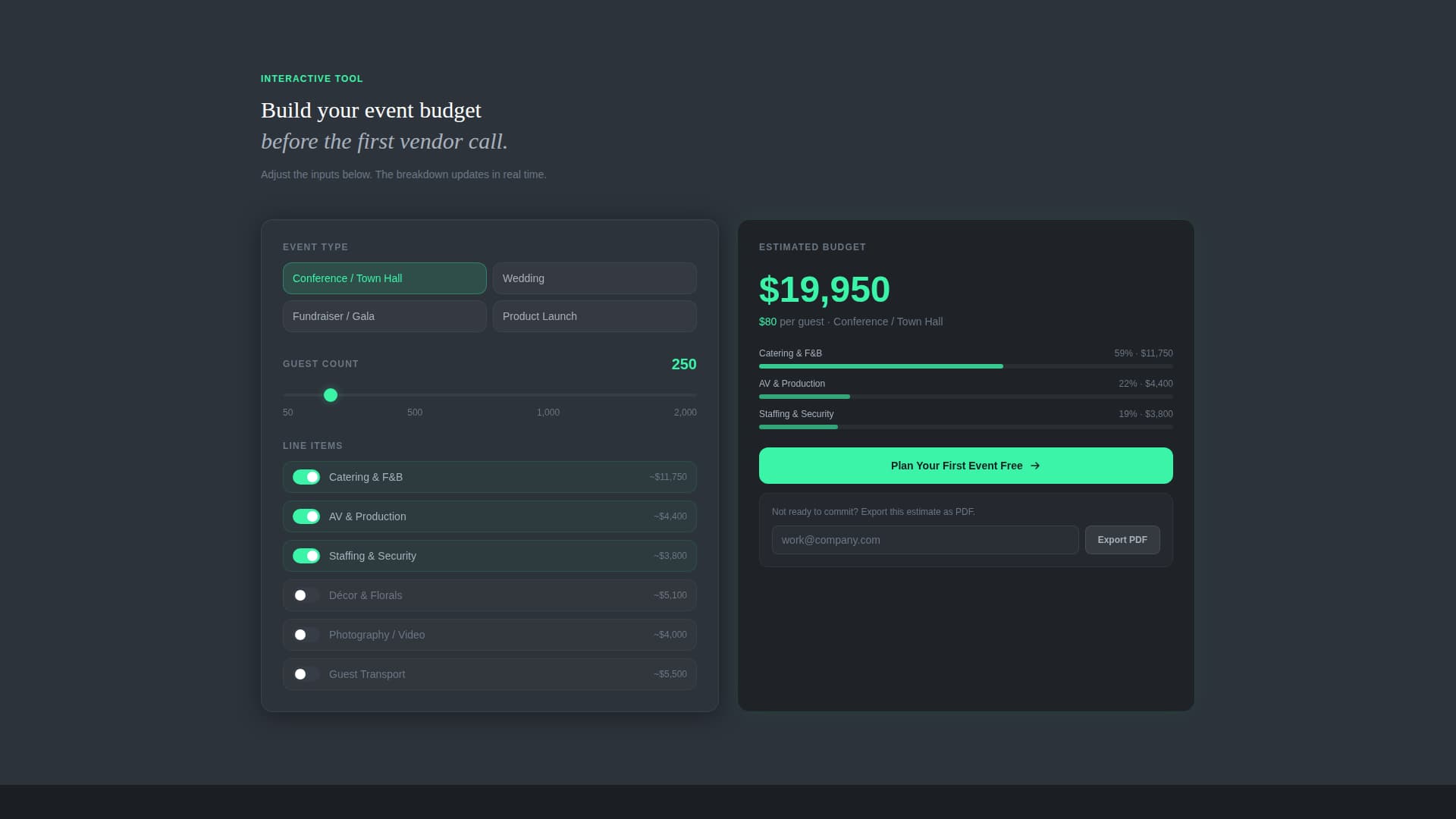 Event Planning Digital Presence Cost Calculator Website Template