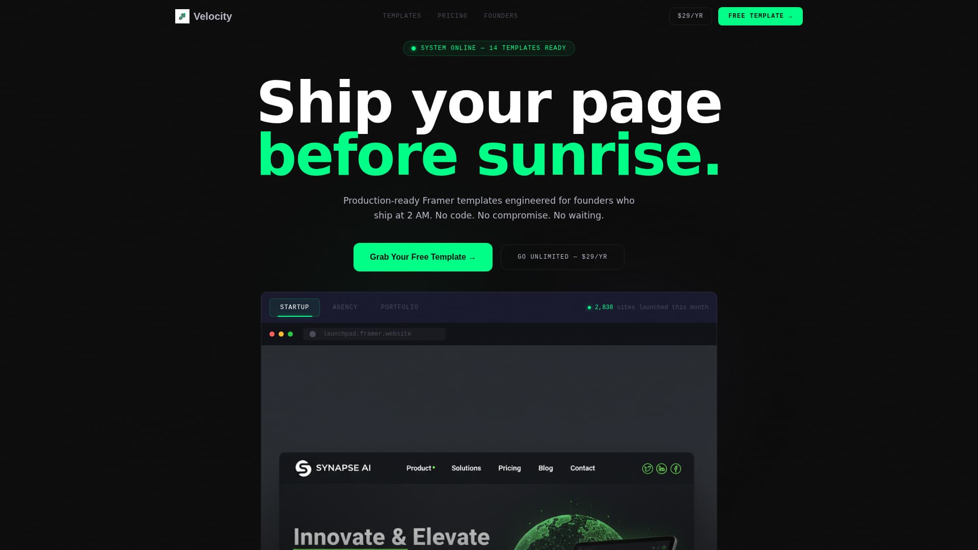 Velocity - High Impact Framer Landing Page Template