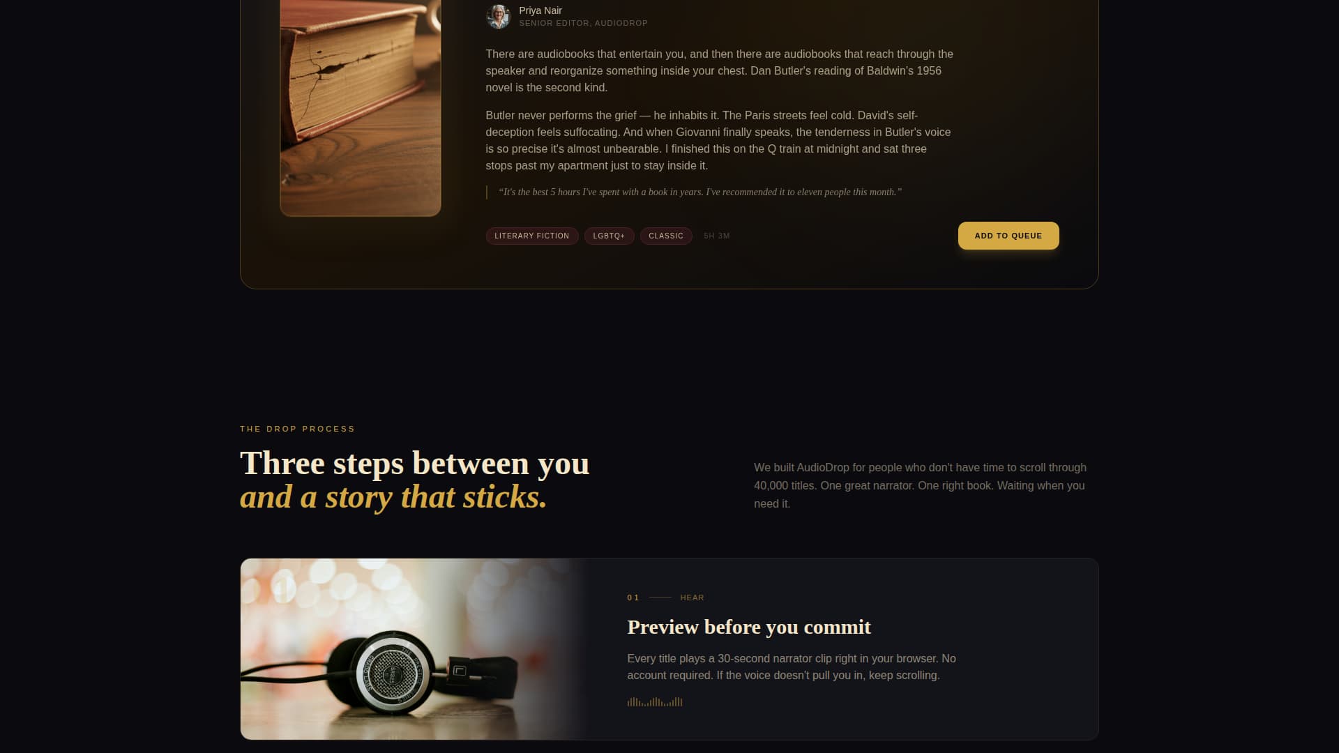 Audiodrop - Immersive Audiobook Landing Page Template