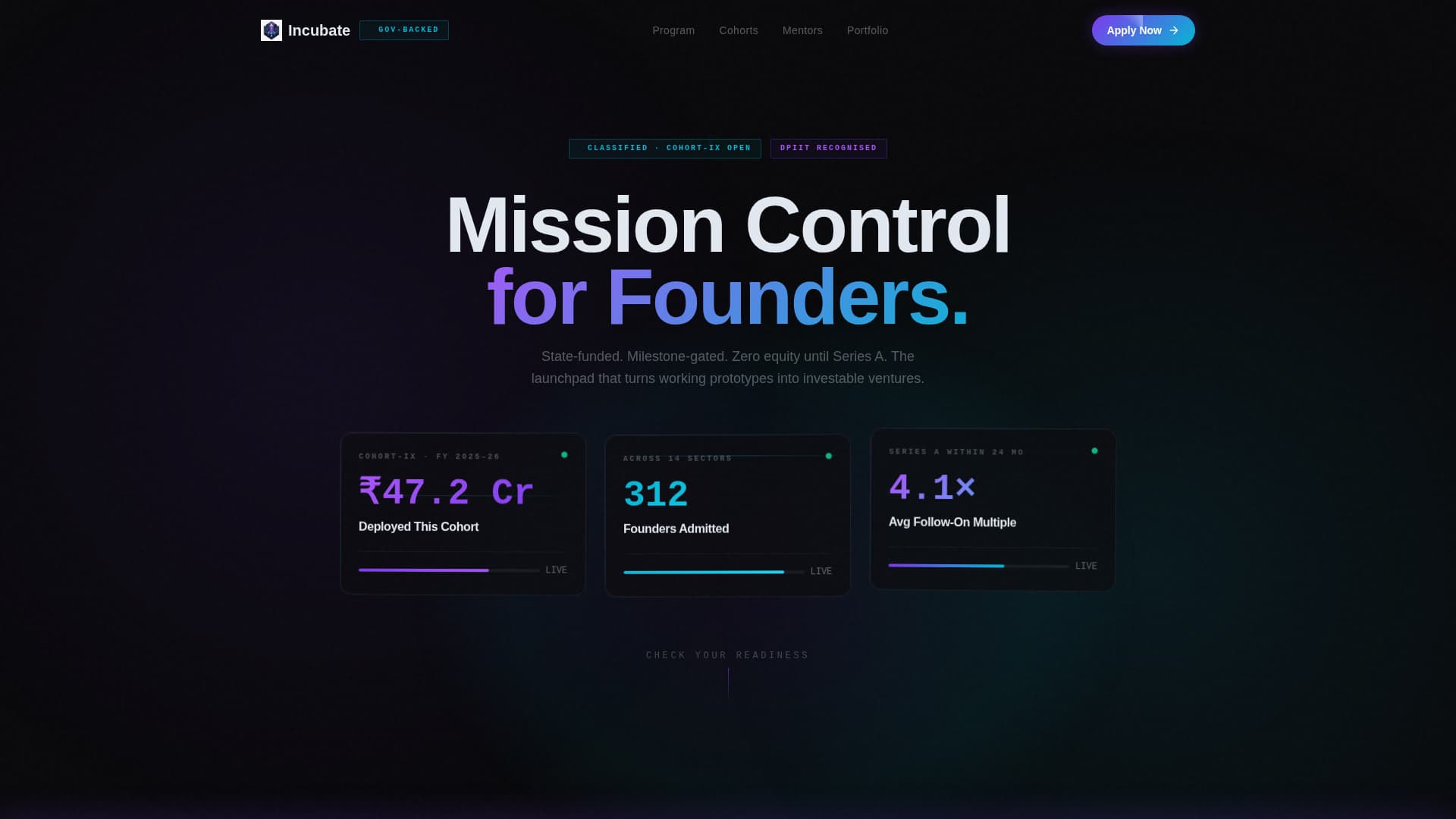 Government-Backed Incubator Founder Readiness Score Website Template