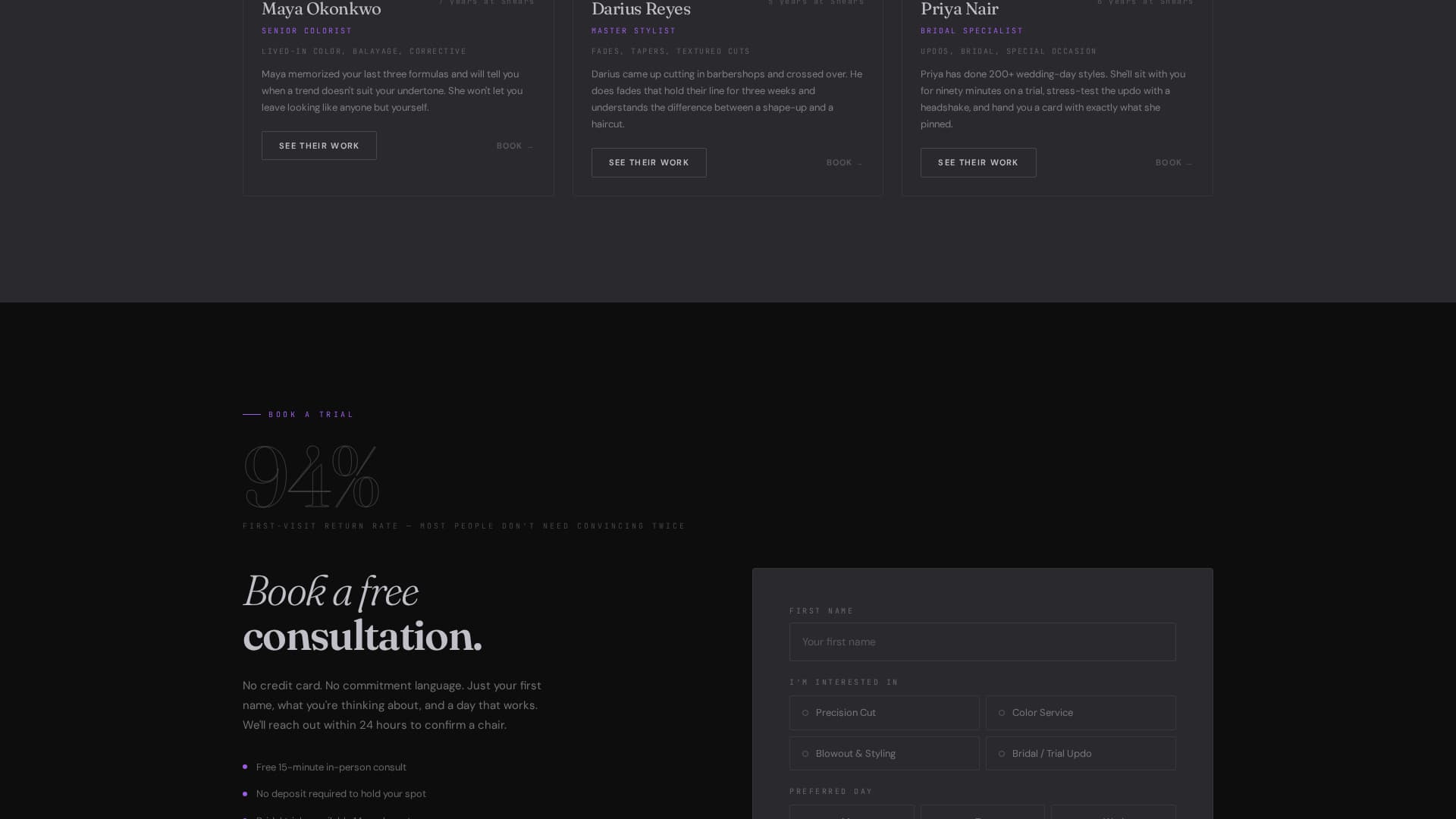 Hair Salon Specialist Booking Website Template