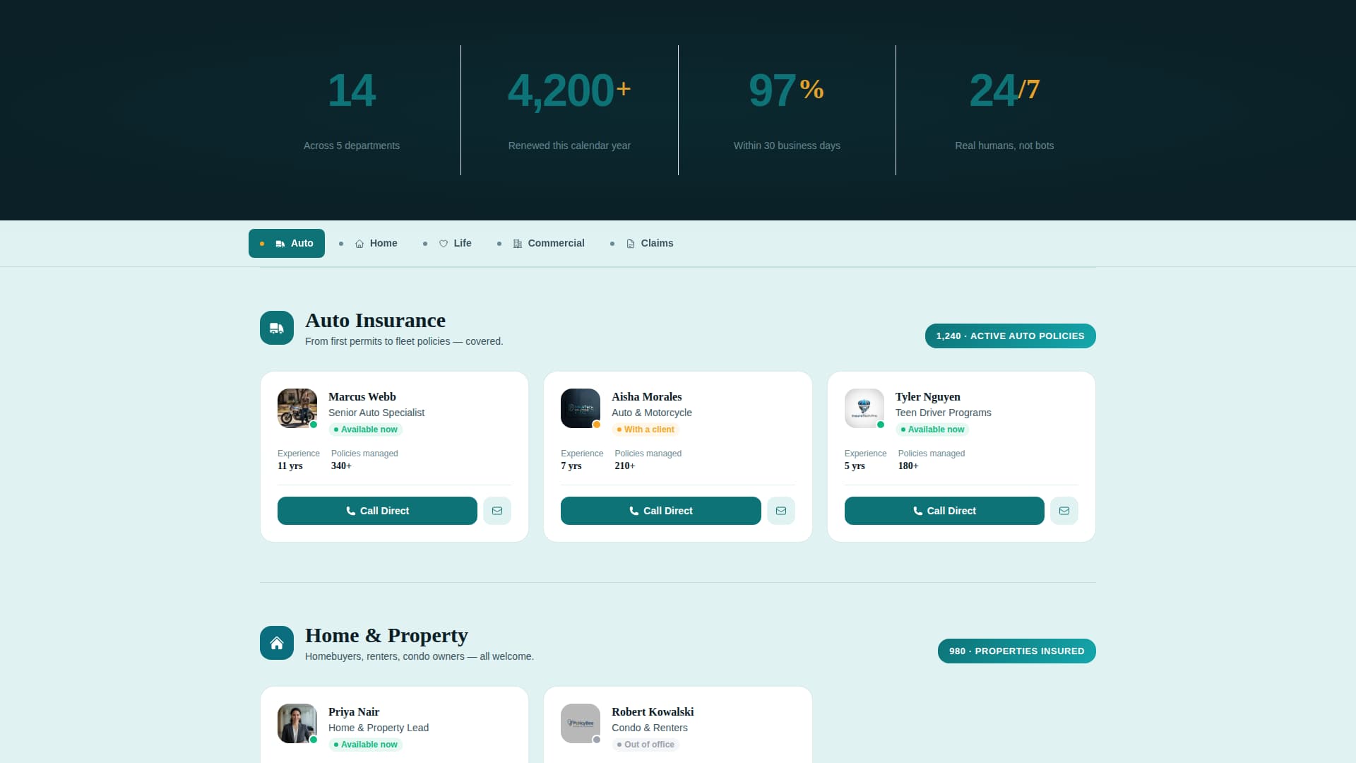 Insurance Agency Multi-Department Agent Finder Website Template
