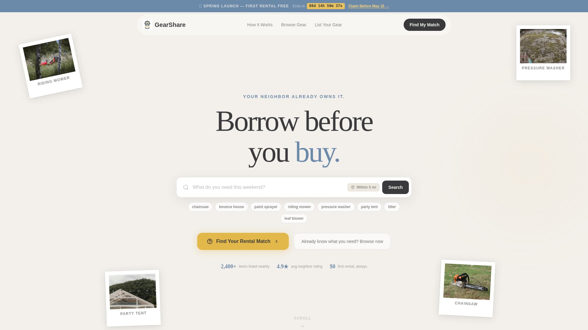 Gearshare - Neighborly Equipment Landing Page Template