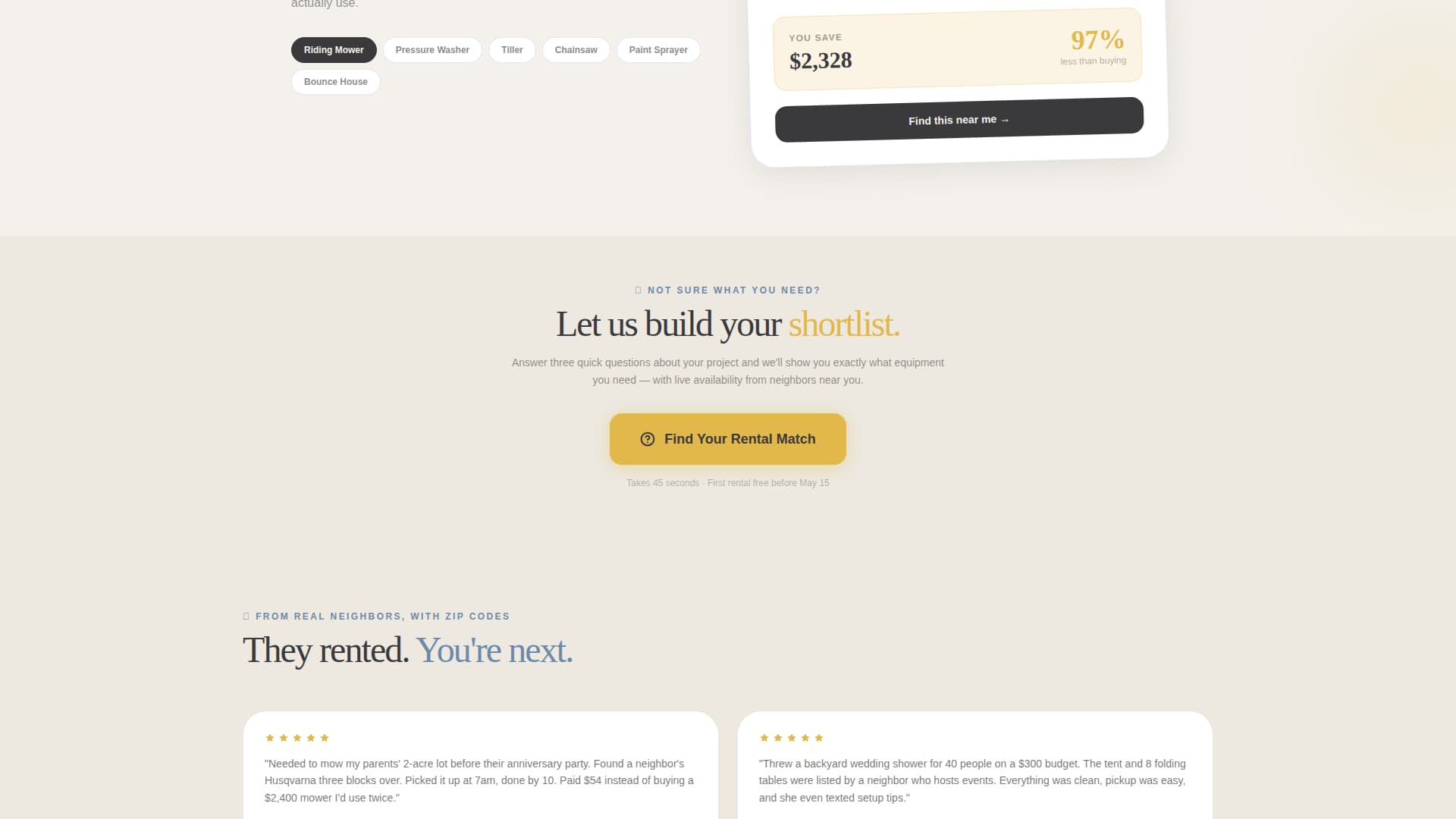 Gearshare - Neighborly Equipment Landing Page Template