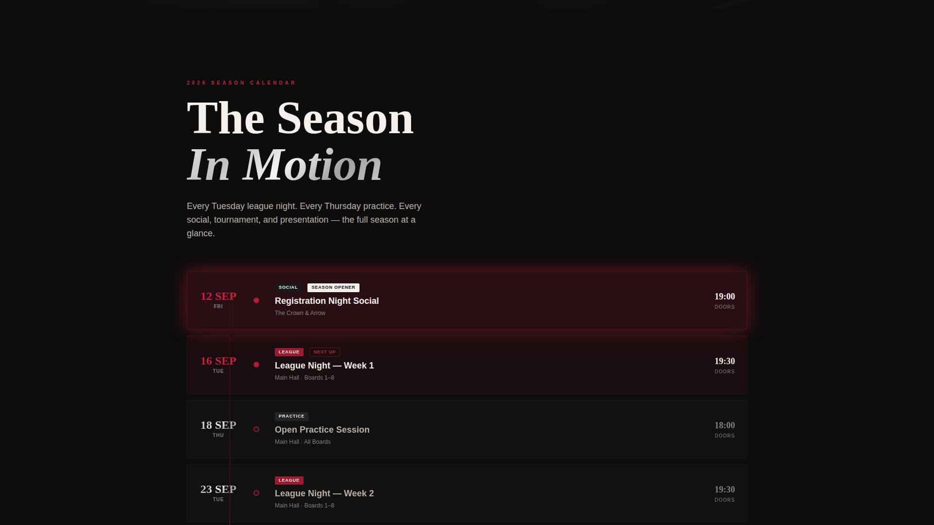 Bullseye — Precision Darts League Landing Page Template
