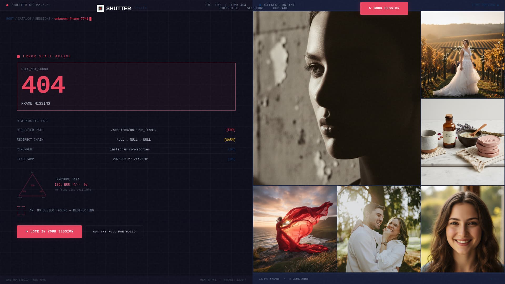 Photography Studio 404 Error Portfolio Discovery Website Template