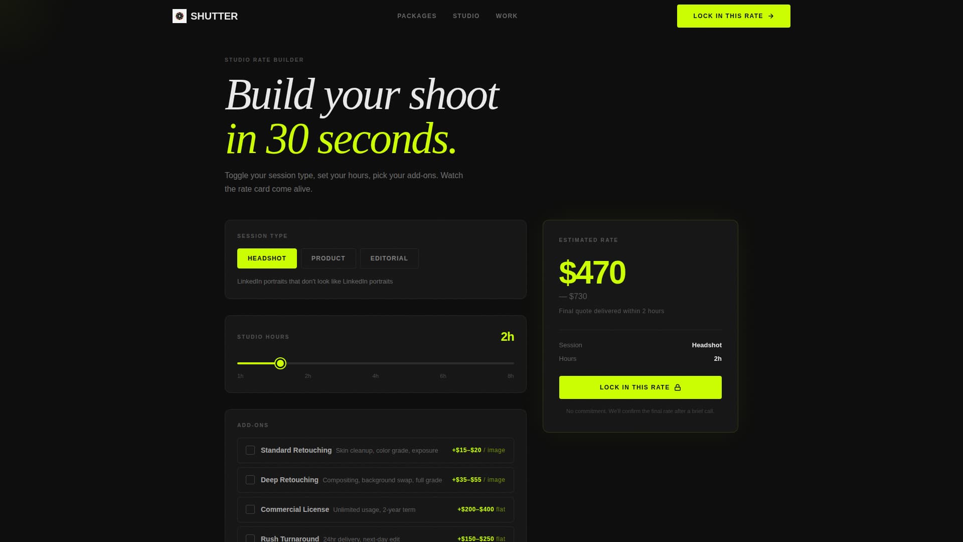 Downtown Commercial Photography Studio Estimator Website Template