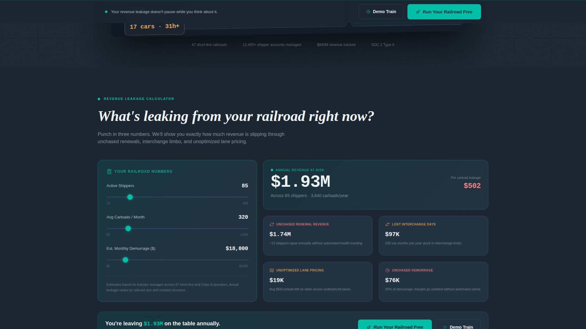 Railroad Vertical SaaS Cost Calculator Website Template