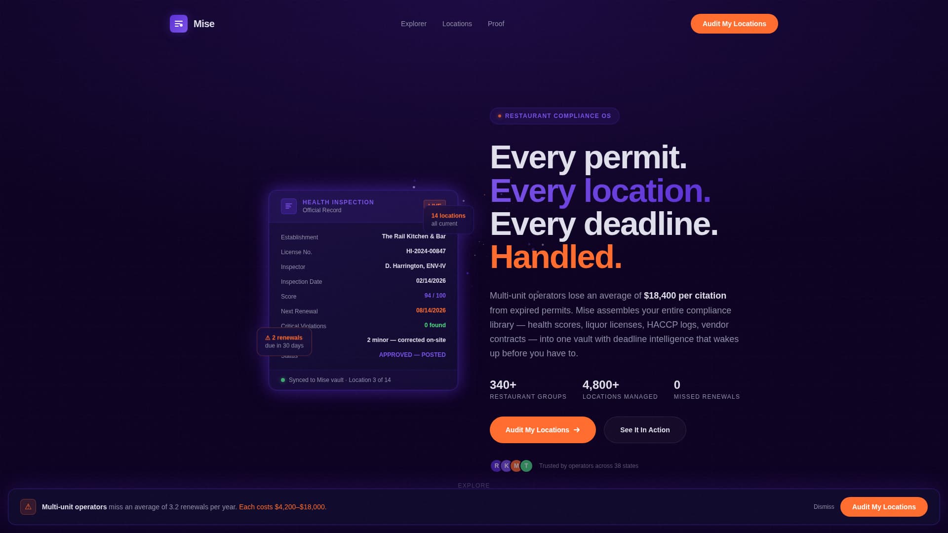 Mise - Powerful RestaurantCompliance Landing Page Template