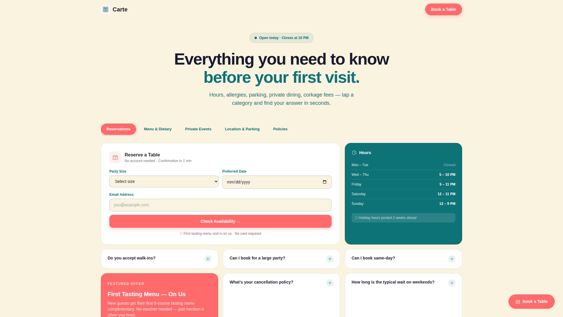 Restaurant FAQ & Pre-Visit Questions Website Template