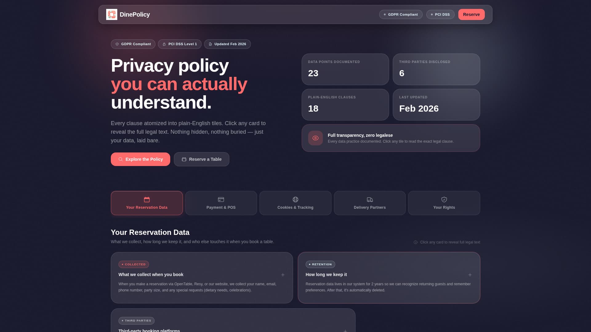Restaurant Privacy Policy & Data Terms Website Template