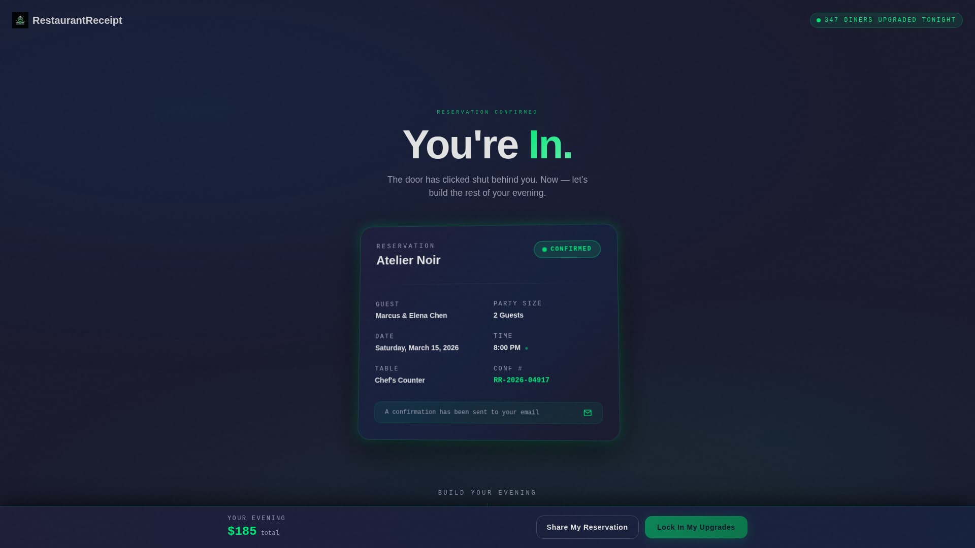 Restaurant Booking Confirmation & Upsell Thank-You Page Template