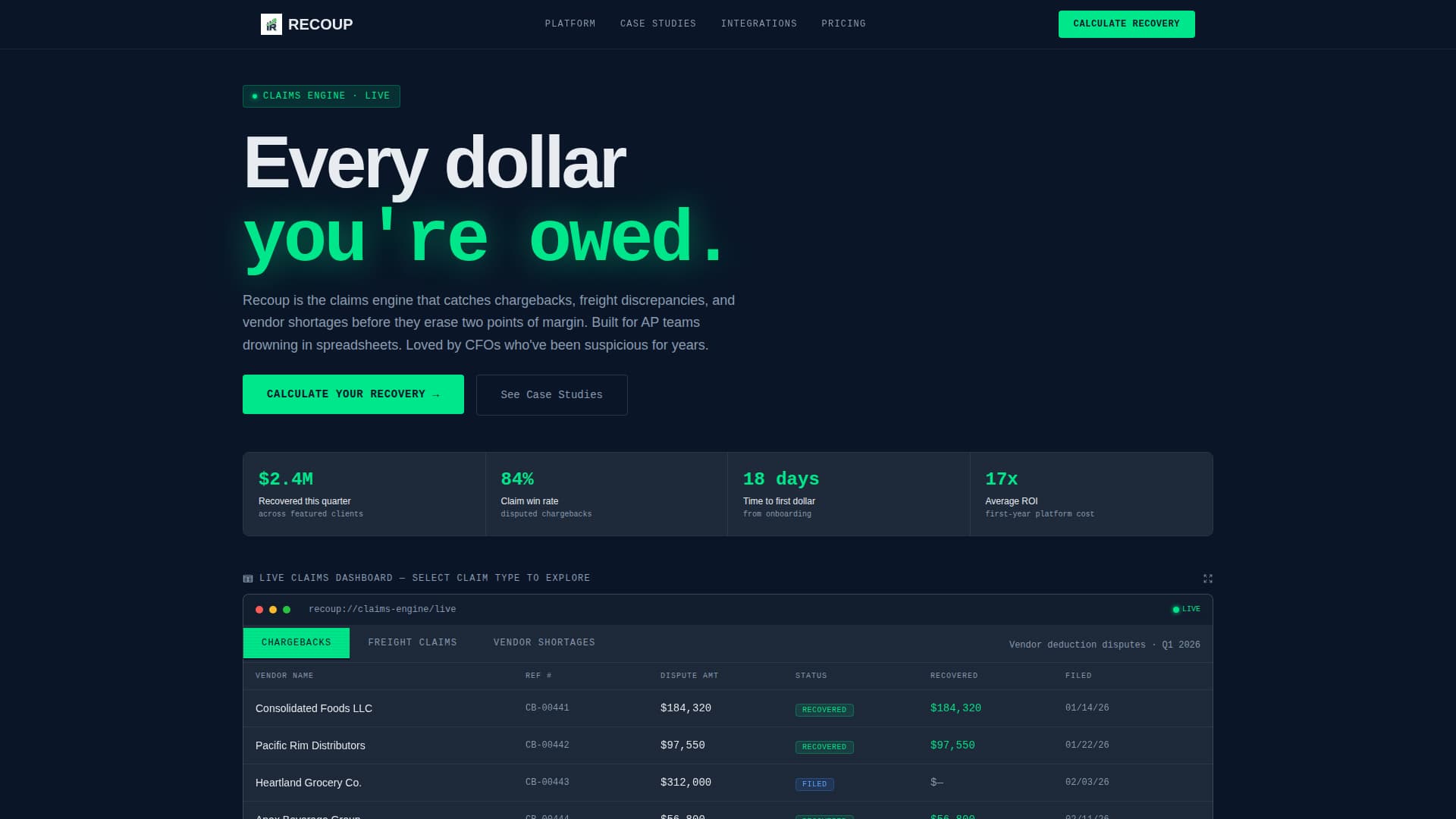 Recoup - Powerful Claims Landing Page Template