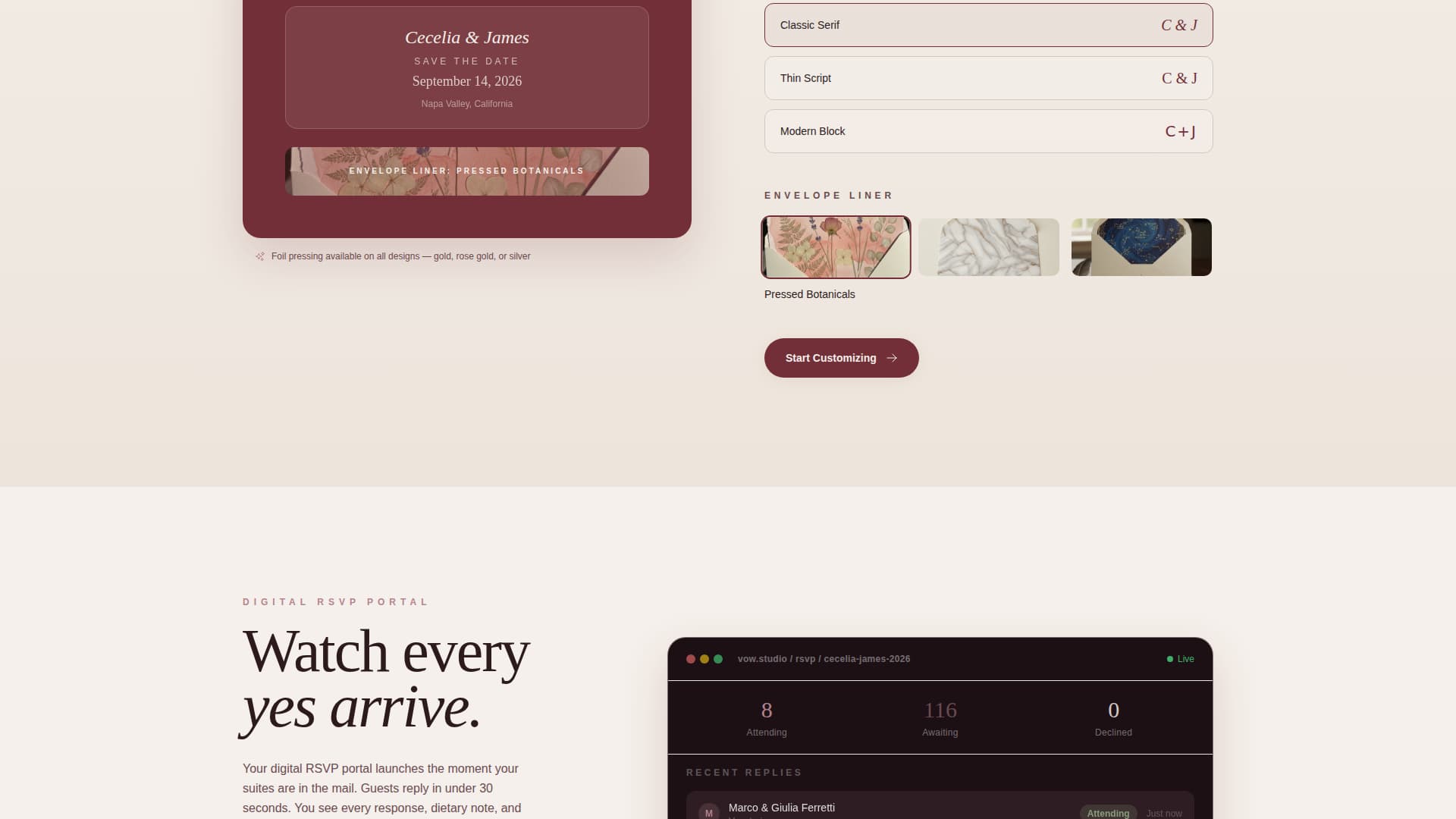 Vow - Elegant Stationery Landing Page Template