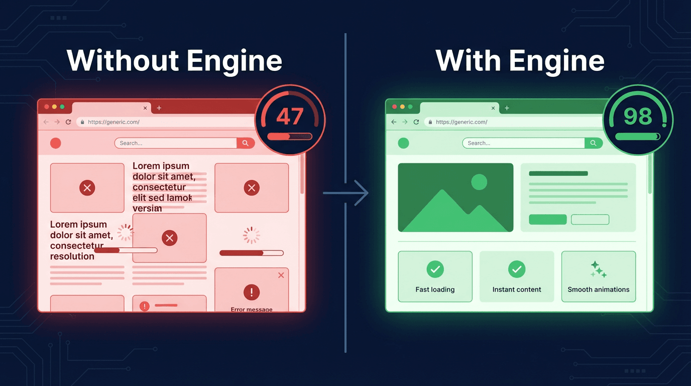 Side-by-side comparison: without engine showing a broken layout and Lighthouse score of 47, with engine showing a clean layout and score of 98