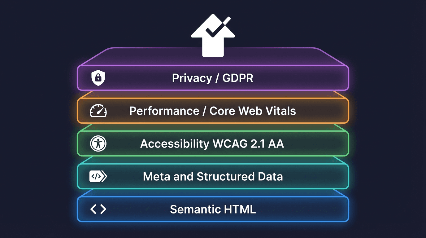 Five compliance layers stacked: Semantic HTML, Meta and Structured Data, Accessibility, Performance, and Privacy, with a rocket launching from the top