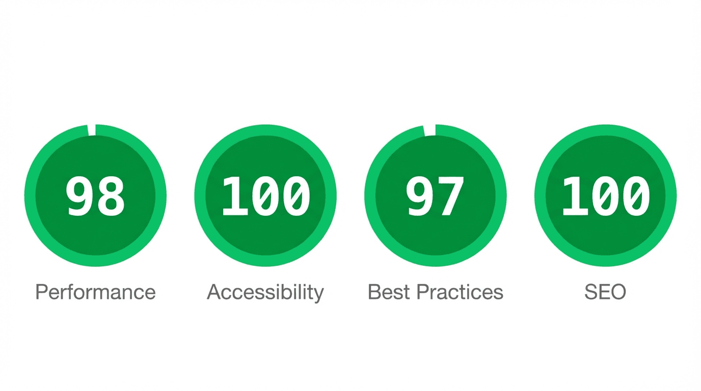 Lighthouse audit showing green scores across all four categories