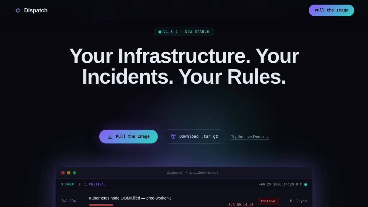 Dispatch - Self-Hosted ITSM Infrastructure Landing Page Template