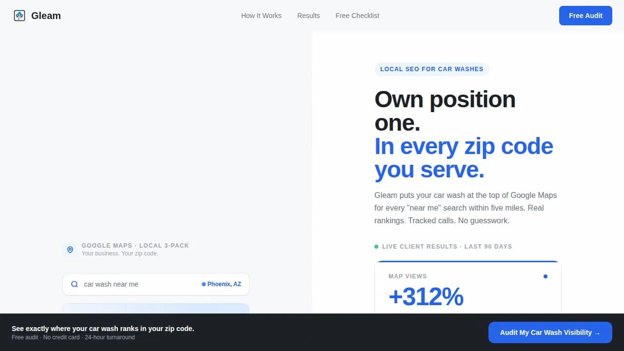 Gleam — High-Voltage SEO Car Wash Landing Page Template