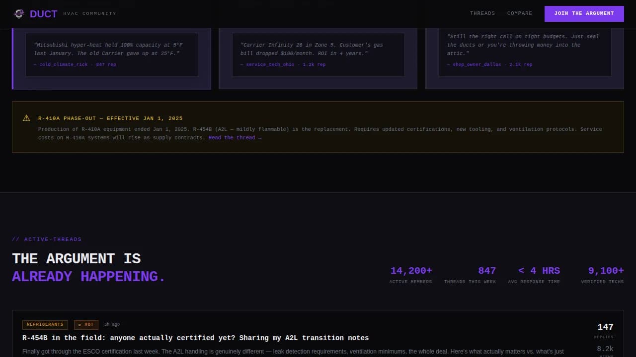 Duct - Bold Brutalist HVAC Community Forum Landing Page Template